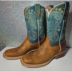 TIN HAUL "Yee-Haw" Gals Brown Turquoise Paisley Cow Sole Western Boots 7.5B NWOT